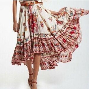Spell Cream High-Low Bohemian Floral Skirt with Red & Pink Accents